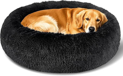 Dog Calming Beds for Medium Large Dogs - Round Donut Washable Puppy Dog Bed, Anti-Slip Faux Fur Fluffy Donut Cuddle Anxiety Cat Pet Bed(36" Black