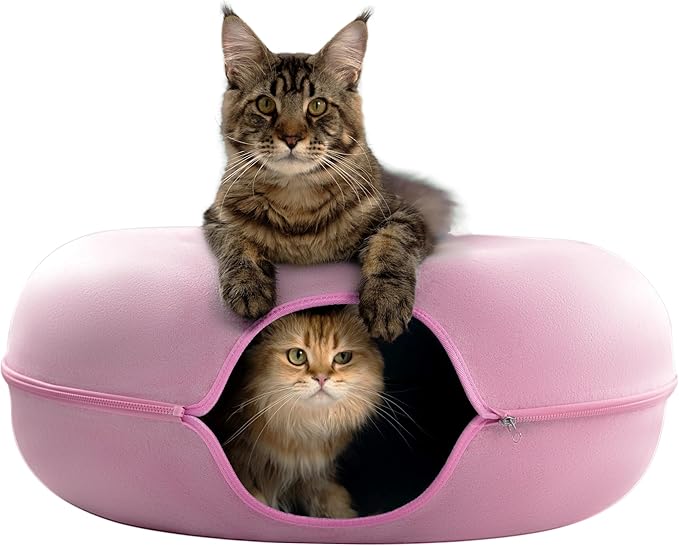 CATTASAURUS Peekaboo Cat Cave for Multiple & Large Cats Up to 30-45 Lbs, Scratch Detachable & Washable Tunnel Bed, Comfy Donut Cat Cave (Pink, Jumbo)