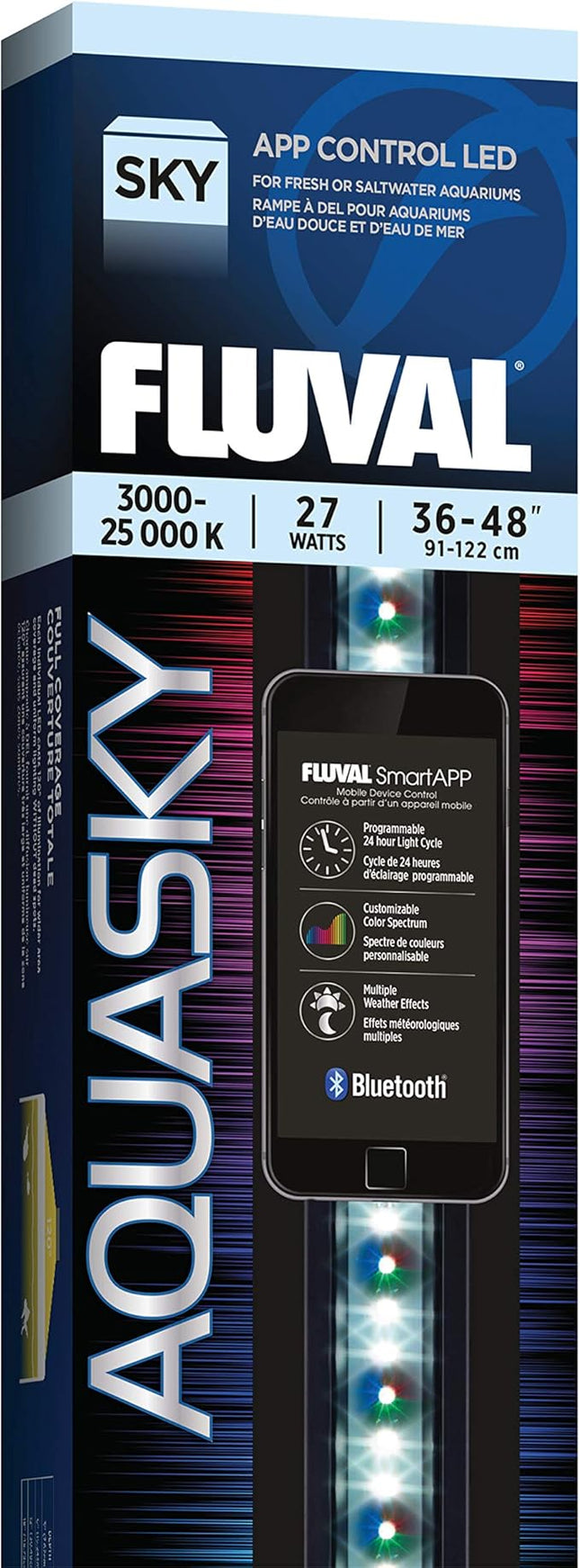 Fluval Aquasky 2.0 Bluetooth LED Aquarium Light – 27W, 36–48" | RGB + 6500K White | App-Controlled with 24-Hour Light Cycle & Weather Effects | IP67 Waterproof | Wide 120 Coverage