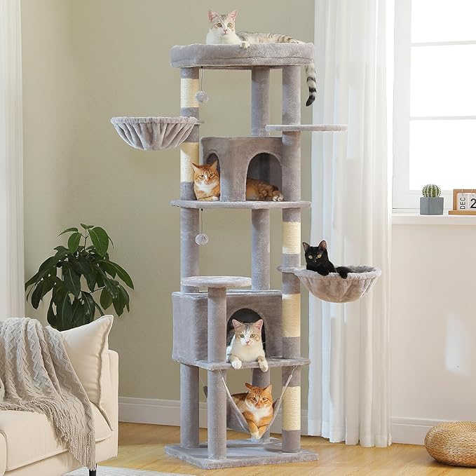 71.2" Tall Cat Tree for Indoor Cats - 9-Level Multi-Cat Tower w/5 Sisal Scratching Posts, 2 Condos, 3 Hammocks, Perch & Pom Poms - Heavy-Duty for Adult Cats, Space-Saving Plush Gray