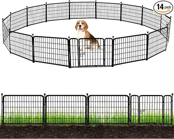 ADAVIN 24 in(H) Garden Fence with Gate, 14 Panels Heavy Duty Iron Metal Animal Barrier Fence, Camping Fence, Garden Fences and Borders for Dogs,Total 34.5 Ft(L), Black