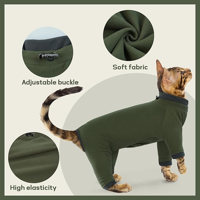 PUMYPOREITY Sticky Hair Cat Clothes, Prevent Hair Loss Cat Pajamas, Soft Cat Sweaters for Cats Only, Cat Hair Sticky Onesie, Cat Recovery Suit After Surgery, Green, L