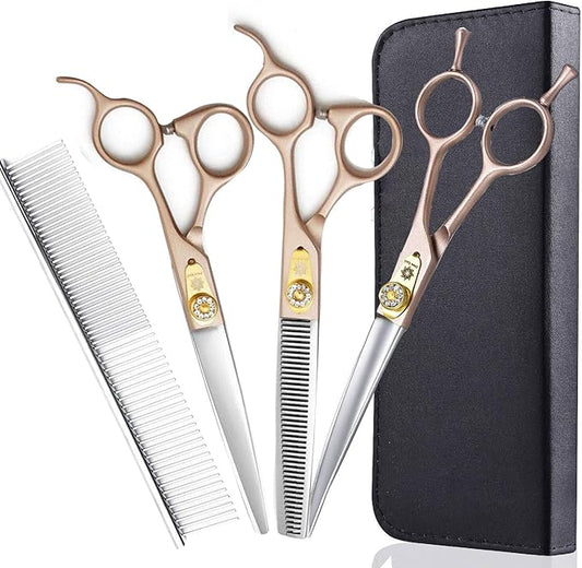 7 Inches Professional Pet Grooming Scissor, 440C Japanese Steel Straight & Curved & Thinning & Chunker Shears/Scissors for Dog Cat and More Pets (7 inch-Grooming Scissors Set)