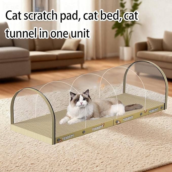 3 Function in 1 Cardboard Cat Scratcher Board, 31.5 in Cat Scratcher House, Cat Scratchers for Indoor Cats, Arched Cats Scratch Pad As Cat Bed, Cat Tunnel for Sleep, Grind Claws (Beige)