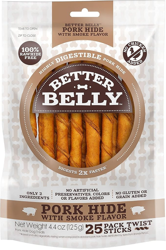 Better Belly Highly Digestible Rawhide Twist Sticks Chews, Treat Your Dog to a Chew with NO Artificial Colors or Flavors 25 Count (Pack of 1)