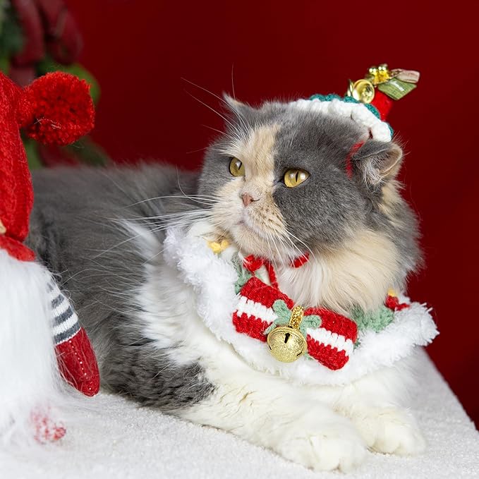 Christmas Cat Costume, Handmade Dog Holiday Outfit with Christmas Tree Hat & Wreath Scarf Set, Adjustable, Lightweight & Breathable, Pet Accessories for Xmas Party & Photos