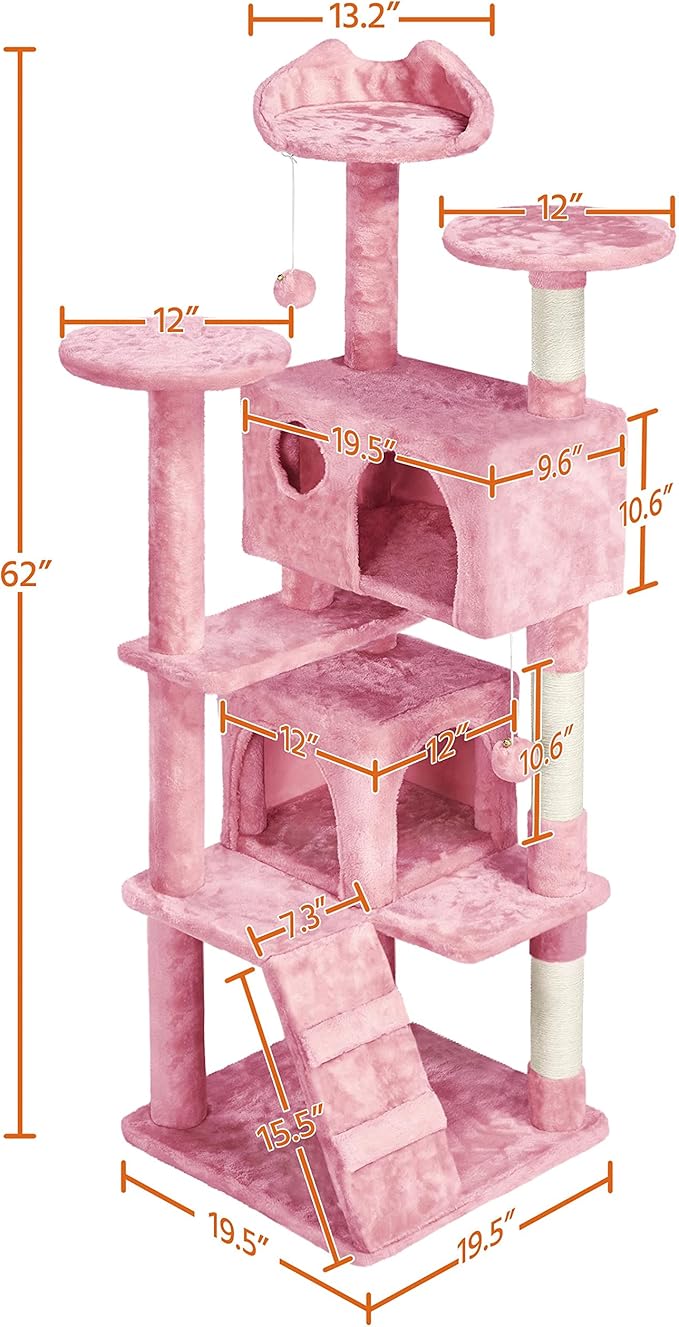 Yaheetech 62in Cat Tree Tower for Indoor Cats, Kitten Furniture with Double Condo, Scratching Posts, Multiple Platforms and Balls for Kitty, Pink