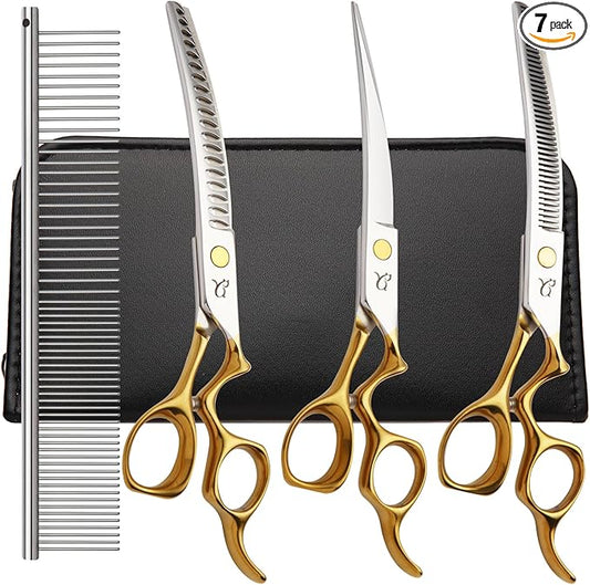 Dog Grooming Scissors,Curved Chunkers Shears Deg Grooming with Safety Round Tips, Sharp and Comfortable 4 in 1 Dog Scissers for Grooming