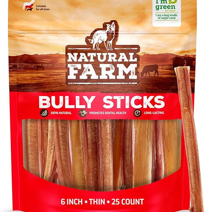 Natural Farm Odor-Free Thin Bully Sticks (6”, 25-Pack) All-Natural Long-Lasting Dog Chews, 100% Beef Pizzle, Grass-Fed, Grain-Free, Protein for Muscle Development & Energy, Perfect for Medium Chewers