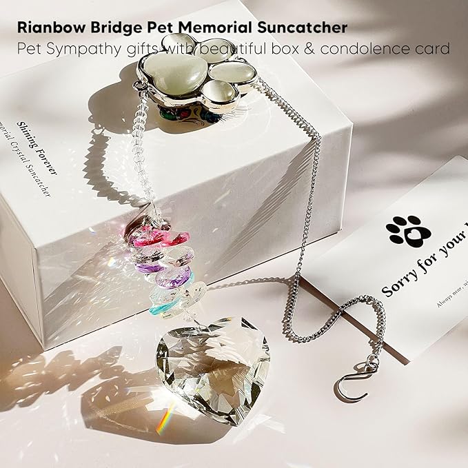 Pet Memorial Suncatcher - Loss of Dog Sympathy Gift, Pet Memorial Gifts for Dogs, Thoughtful Dogs and Cats Bereavement Remembrance Gifts, Gemstone Paw Crystal Suncatcher(White Stone)