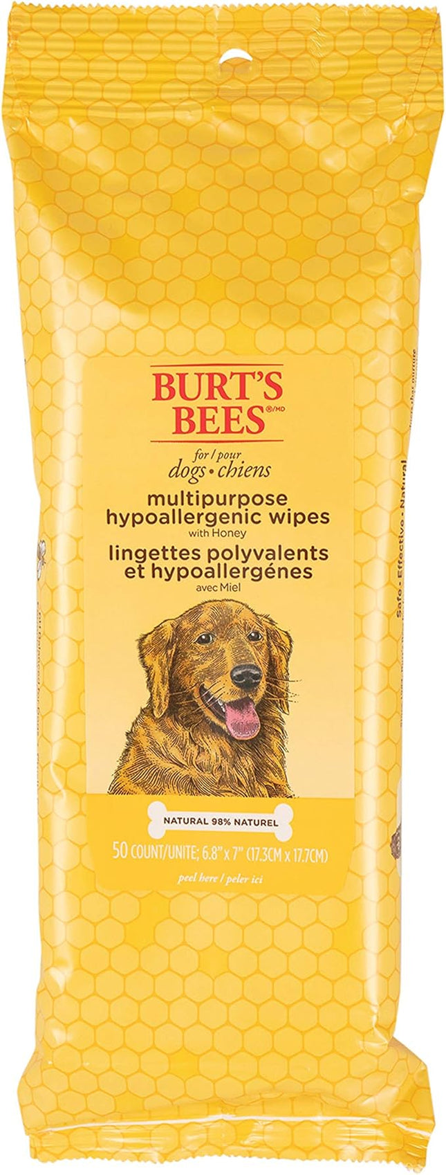 Burt's Bees for Pets Multipurpose Dog Wipes with with Honey, 98% Natural Origin Formulas, Hypoallergenic Dogs Wipe, Canine Cleaning Sheets for Paws and Butt, 2pk, 50ct
