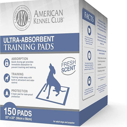 American Kennel Club Ultra Absorbent Odor Control Scented Training Pads For Dogs Leak-proof Quick Dry Gel – 22 x 22 Puppy Pads - Fresh Scented - Pack of 150