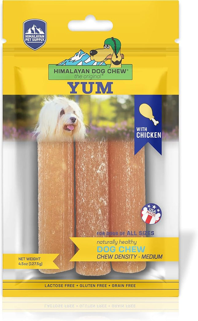 Himalayan Dog Chew Yak Cheese Dog Chews, Lactose Free & Grain Free, USA Made, for All Dog Breeds, Medium Density Cheese Chew, Resealable Pouch with 3 YUM Treats, Chicken Flavor