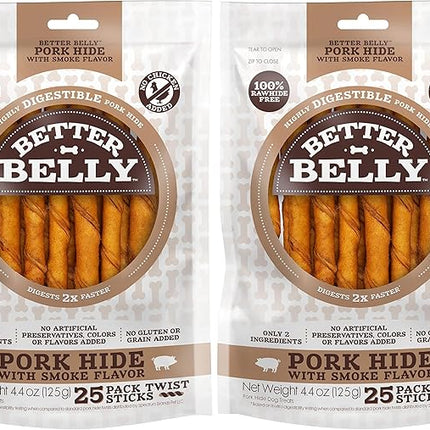 Better Belly Highly Digestible Rawhide Twist Sticks Chews, Treat Your Dog to a Chew with NO Artificial Colors or Flavors 25 Count (Pack of 2)