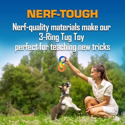 Nerf Dog 3-Ring Tug Outdoor Dog Toy, 7.5 Inch Ring Dog Tug Toy for Puppies and Small Breeds, Blue/Green/Orange