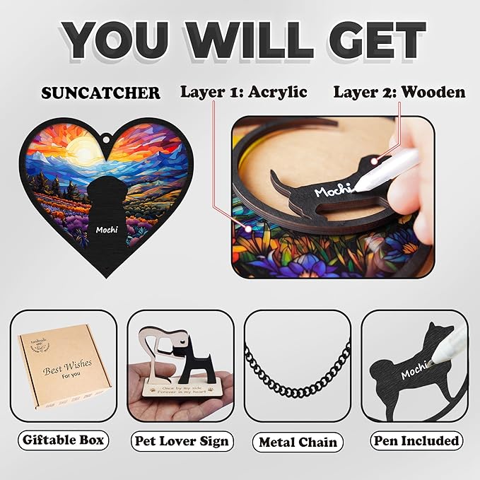 6'' Dog Heart Memorial Suncatcher Custom Name Dog Breed Pet Ornament Window Hanging Sympathy Gift Loss of Pet Passing Away Remembrance Gifts for Dog Lovers in Loving Memory H11-BLA-6-B1-04