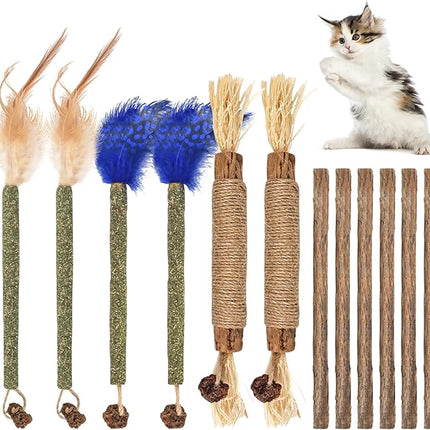 Bissap 12 PCS Silvervine Chew Sticks for Cats, Catnip Chew Sticks Cat Toys for Indoor Cat Kitten Teeth Grinding Interactive Feather Toys for Aggressive Chewers Dental Care