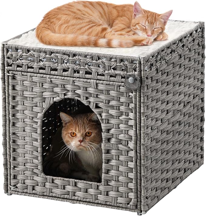Cat Beds for Indoor Cats Extra Large Double Cat Cave Pet Cube, Handwoven Rattan Cat Houses with Double-Sided Soft Cushions, 18.5 x 20.5 x 19.1 Inches Foldable Hideaway in Living Room Gray