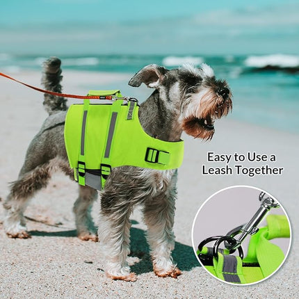 Queenmore Dog Life Jacket,Dog Life Vest for Swimming,XS Dog Swim Vest,Lightweigth Adjustable Reflective Puppy Pet Float Life Preserver Vest with Back Zip,Rescue Handle,Metal Hook (Green XS)