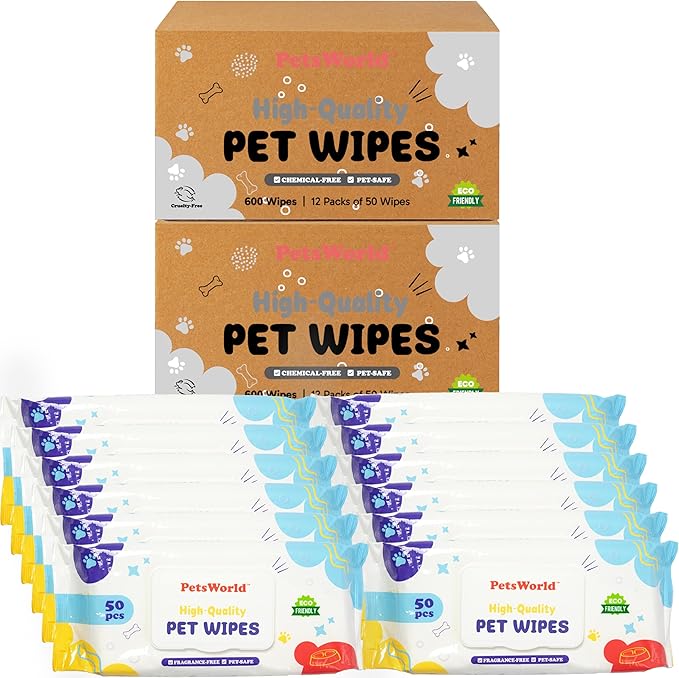 PETSWORLD Pet Wipes for Dogs & Cats, Unscented, Hypoallergenic, Chemical-Free, Biodegradable (98%), Thick & Durable, Textured Grooming Wipes (Unscented, 600 Count)