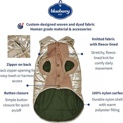 Blueberry Pet Cozy & Comfy Windproof Lightweight Quilted Fall Winter Glossy Dog Puffer Jacket in Gold, Back Length 17", Size 16, Warm Coat for Large Dogs