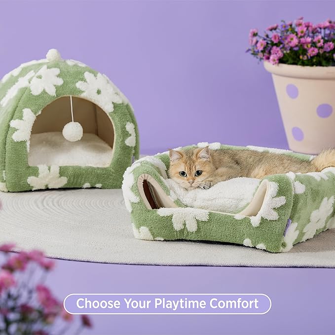 Lesure Cute Cat Beds for Indoor Cats - 2 in 1 Large Cat Cave Bed with Removable Washable Cushioned Pillow, Cozy Kitten Tent with Non-Slip Bottom, Green, 17.3 inches