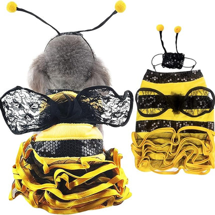Bee Dog Halloween Costumes, Bumblebee Dress Cosplay Clothes with Cap, Funny Pet Halloween Outfit for Small Medium Large Dogs Cats Christmas Birthday Party Photo Props