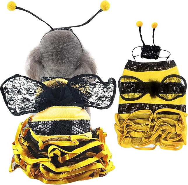 Bee Dog Halloween Costumes, Bumblebee Dress Cosplay Clothes with Cap, Funny Pet Halloween Outfit for Small Medium Large Dogs Cats Christmas Birthday Party Photo Props