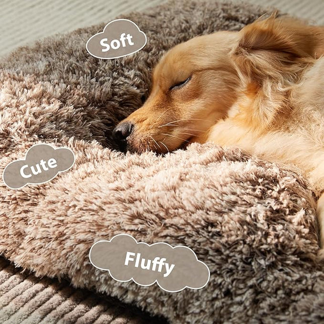 BFPETHOME Dog Beds for Large Dogs, Plush Dog Crate Bed Fluffy Cozy Kennel Pad for Sleeping &Ease Anxiety, Washable Pet Mats with Anti-Slip Bottom for Large Dogs, Khaki