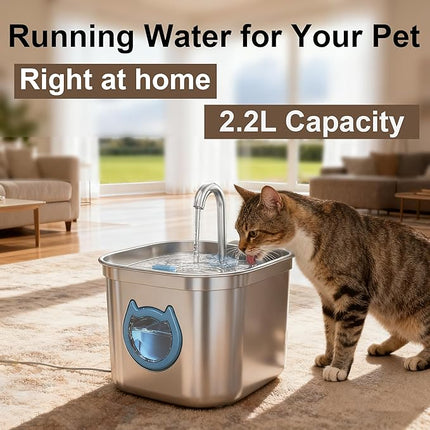 Luxury Automatic Cat Water Fountain for Pets, 2.2L/74oz Stainless Steel Dog Water Dispenser with Filter, BPA Free & Silent, Featuring LED Light, Easy Clean & Cat View Window