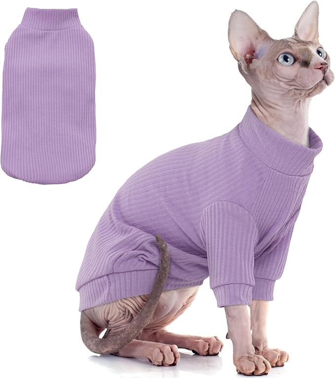 PUMYPOREITY Cat Clothes, Stretchy Cat Shirt, Cat Sweater with Sleeves, Sphynx Cat Clothes, Soft Cat Shirts for Cats Only, Pullover Cat Pajama for Sphynx Hairless Cat, Devon Rex, Purple, XL