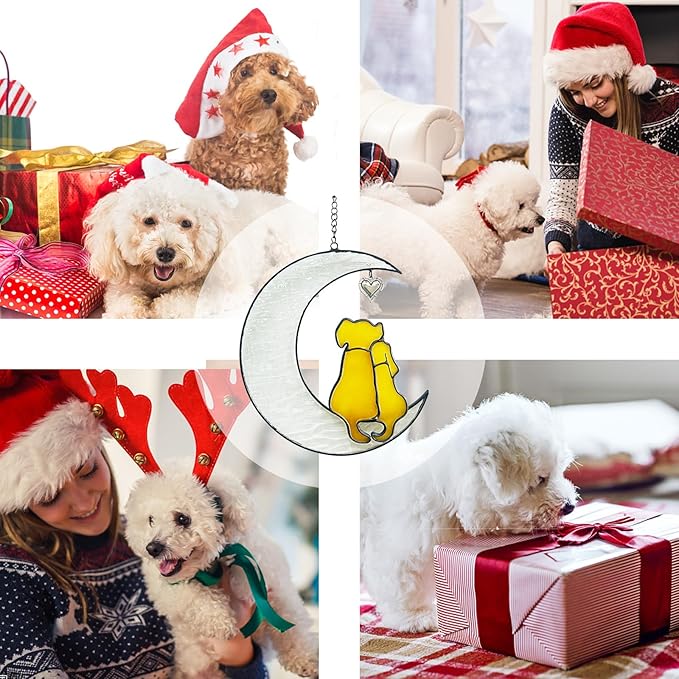 Stained Glass Dog Suncatcher, Window Hangings for Loss of Dog, Pet Memorial Gifts, Double Yellow Dogs on The Moon