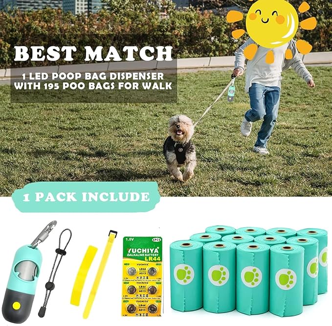 Dog Poop Bags Holder with LED Flashlight|Pet Waste Bags Dispenser for Leash|Doggie Potty Bags Container with Leak-proof Pet Trash Bags and Accessories (1 Holder 195 Bags, Mint Green)