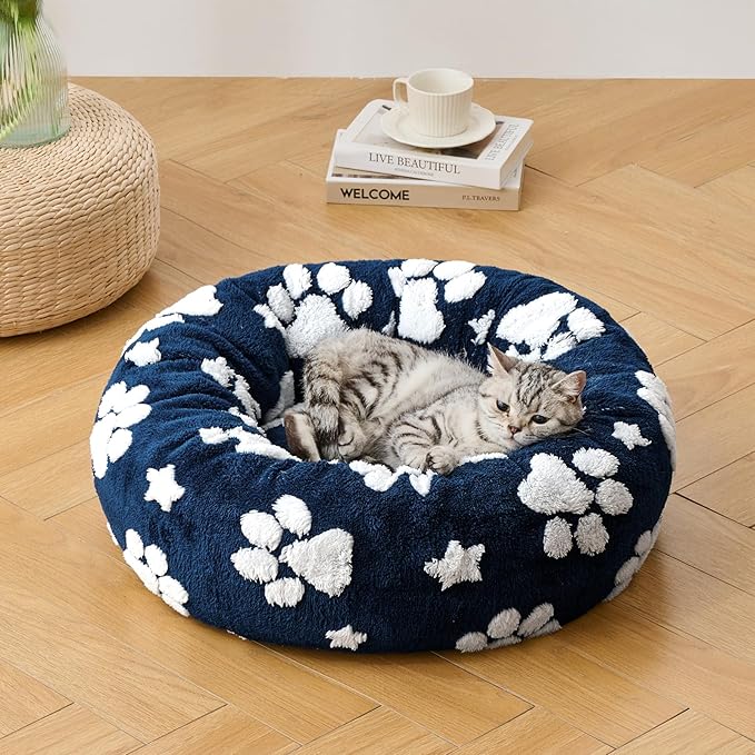 Donut Dog Beds for Small Dogs, Calming Round Cat Beds for Indoor Cats, Cute 3D Textured Paw Pet Bed with Removable Washable Cover and Anti-Slip Bottom（Navy Blue，23"）