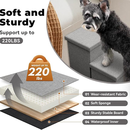 Dog Stairs with Storage 23" H, 4-Step Wider Dog Steps for High Beds Window, Folding Sturdy Pet Stairs Gift for Injured Old Dogs Cats, Ramp for Climbing Car Up to 200 lbs,(Gray, No Condo)