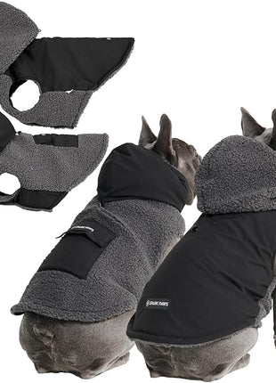 Spark Paws Reversible Fleece Dog Jacket, Hooded Sweater Vest, Warm Coat for Winter - Suitable for Small Medium Large XL XXL Dogs - Black and Grey - XL