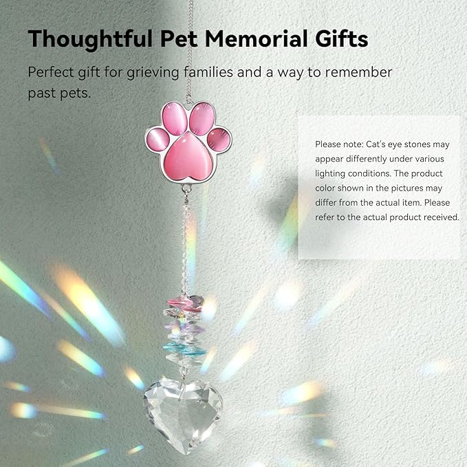 Pet Memorial Suncatcher - Dog Memorial Gifts, Pet Loss Sympathy, Thoughtful Dogs and Cats Bereavement Remembrance Gifts, Natural Cat's Eye Paw Crystal Suncatcher(Pink)