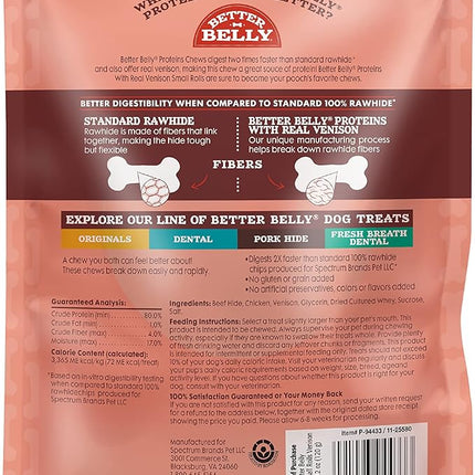 Better Belly Proteins with Real Venison Small Rolls 6 Count, Digestible Rawhide for Dogs, 4.2 OZ (Pack of 4)