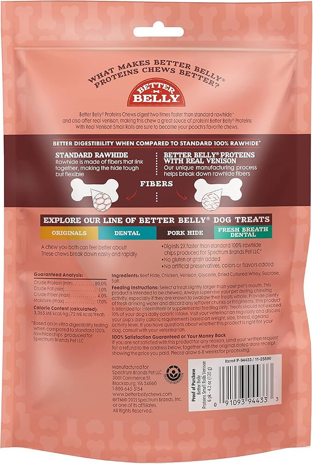 Better Belly Proteins with Real Venison Small Rolls 6 Count, Digestible Rawhide for Dogs, 4.2 OZ (Pack of 4)