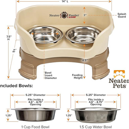 Neater Feeder Deluxe Mess Proof Cat Bowls Elevated for All Breeds – Made in USA – No Spill Raised Cat Bowls for Indoor Cats w/Leg Extensions – Stainless Steel Cat Food and Water Bowl Set - Beige