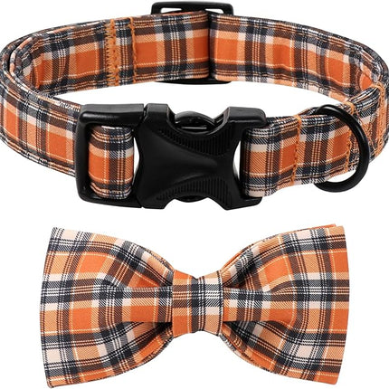 Lionet Paws Fall Halloween Dog Collar with Black Orange Grid, Cotton Thanksgiving Bowtie Collar, Light Adjustable Collars for Small Medium Large Dogs
