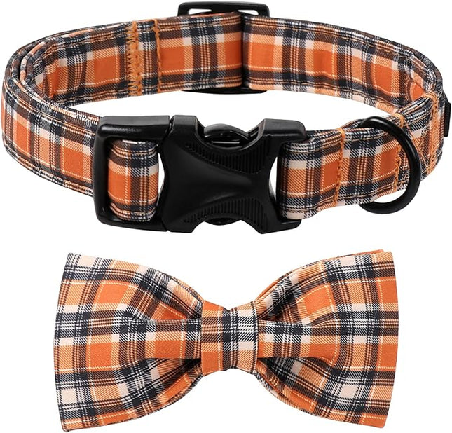 Lionet Paws Dog and Cat Fall Collar with Bowtie Black Orange Grid Dog Collar Plastic Buckle Light Adjustable Bow Tie Collars for Small Dogs Pets