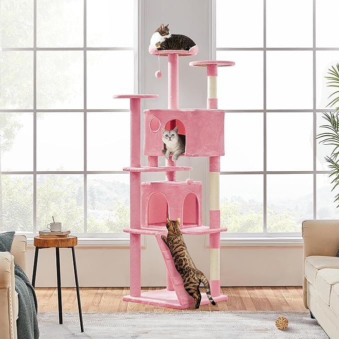 Yaheetech XL Cat Tree, 80in Multi-Level Tower w/Scratching Posts, Double Cat Condo, Perched Platforms & Dangling Balls, Activity Center for Kittens & Pets, Pink