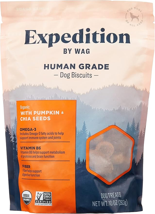 Amazon Brand - Wag Expedition Human Grade Organic Biscuits Dog Treats, Non-GMO, Pumpkin & Chia Seed, 10 oz, Pack of 1