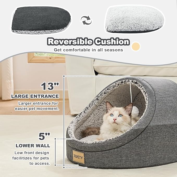 Jiupety Cute Cat Beds for Indoor Cats, Cat Cave Bed for Kittens, Large Cat Cave and Covered Cat Bed with Anti-Slip Bottom, Washable Removable Cushion, M(16"x16"x13"), Dark Gray