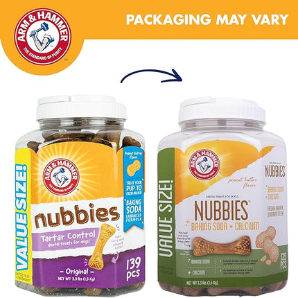 Arm & Hammer for Pets Nubbies Dental Treats for Dogs with Baking Soda and Calcium, Treat Chews Help Fight Bad Breath, Plaque & Tartar, Peanut Butter, Value Bucket, 139 Pcs (Packaging may vary)