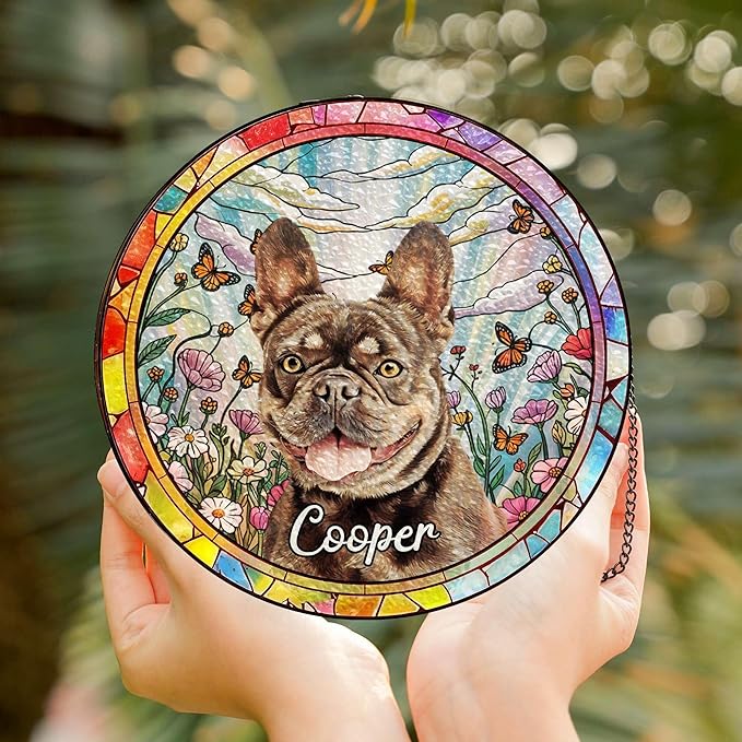 Custom Dog Portrait Stained Glass Window Hangings, Pet Stained Glass Suncatcher, Loss of Dog Sympathy Gift Personalized, Custom Name Dog Memorial Gifts
