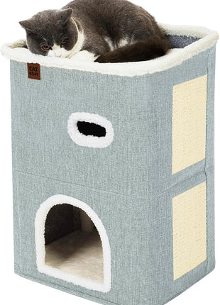 CATBOAT 2-Storey Cat House for Indoor Cats Bed, Covered Beds & Furniture with Scratch Pad and Hideaway Cave, Cute Modern Condo for Multi Small Pet Large Kitten Kitty, Light Grey