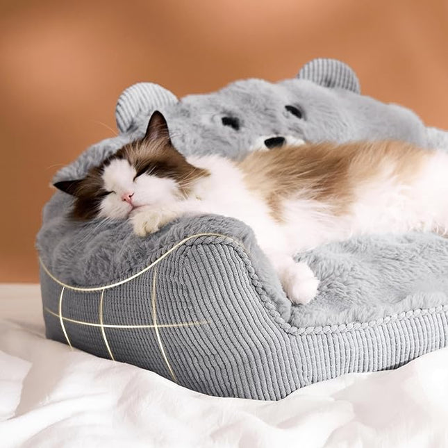 LE SURE Cute Cat Couch for Pets - Fluffy Original Bear Design for Small Dog Bed, Supportive Dog Couch with Removable Washable Cover, Puppy Bed for Small and Medium Dogs, 28inch, Pastel Grey