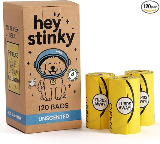 Dog Poop Bags 120 Count – Extra Thick, Leakproof & Easy Open | Plant-Based PLA + PBAT, Unscented, Fits All Dispensers – Funny Hey Stinky Designs